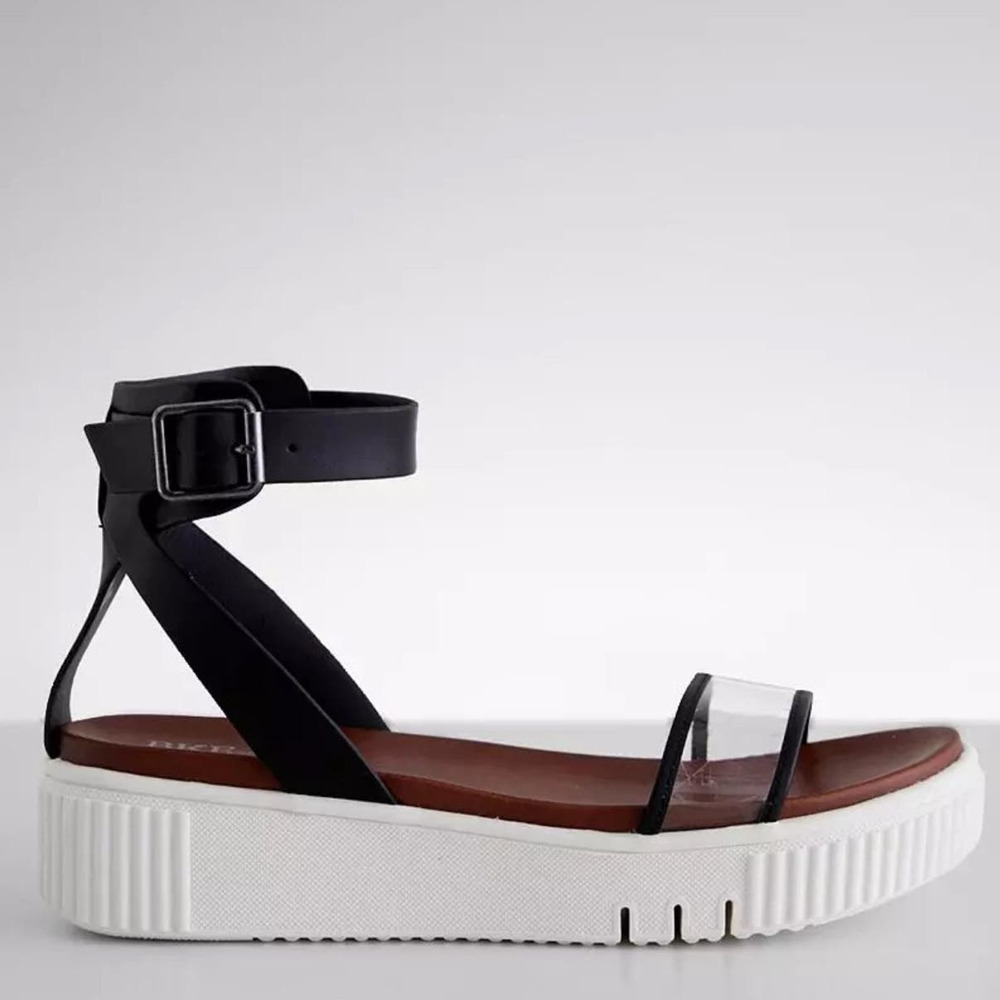 BKE Buckle Strappy Platform Sandals 8.5 Black Faux Leather Open Toe Ankle Strap